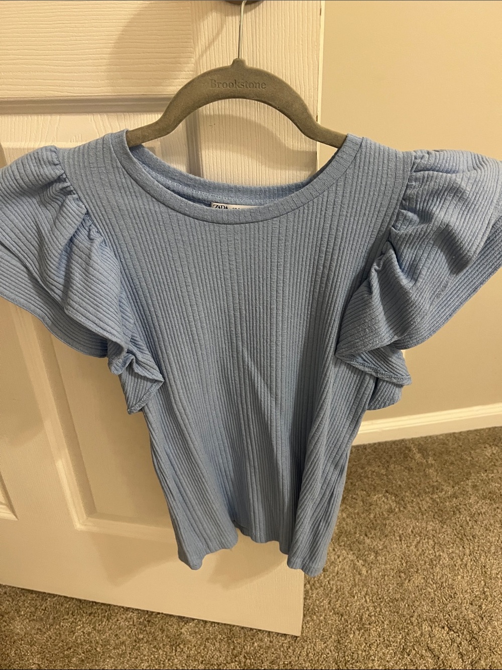 Zara Light Blue Ribbed Ruffle Sleeve Top - Picture 3 of 4